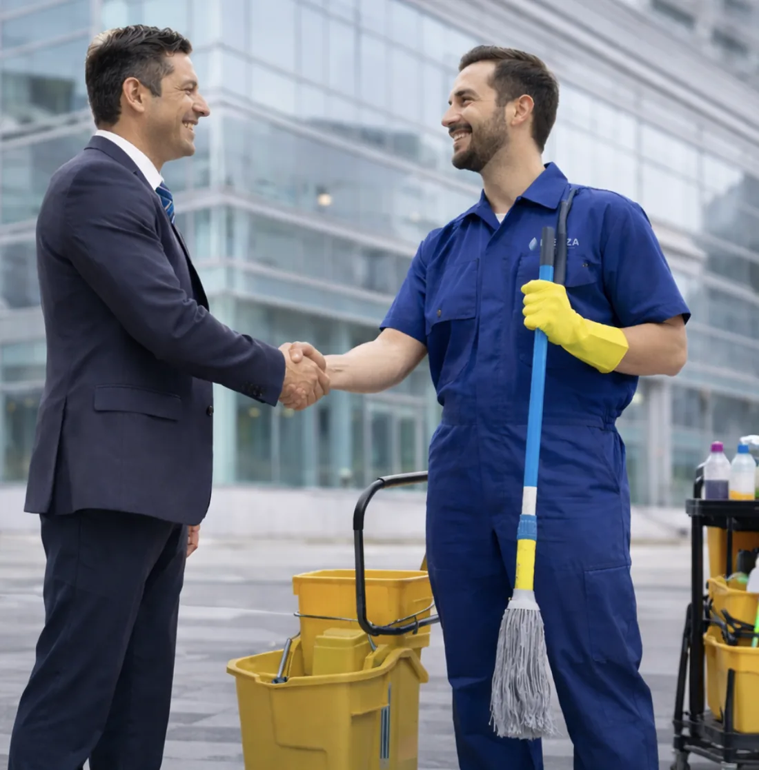 Operario de Magik Clean en uniforme saludando a un cliente empresarial junto a su carro de aseo profesional